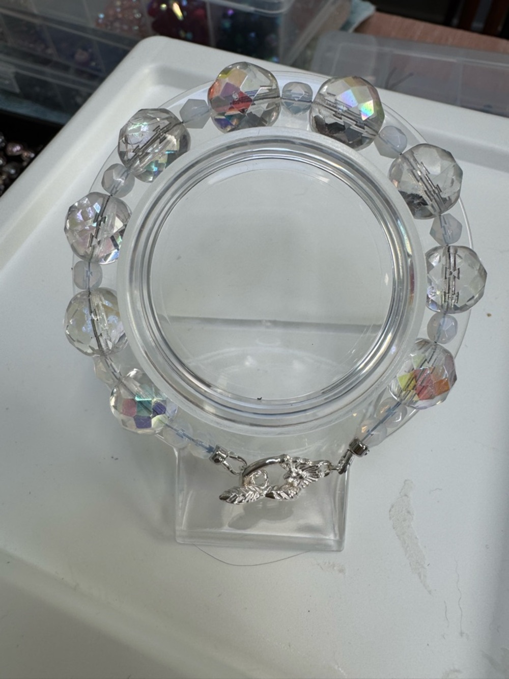 Artisan Clear Aurora Borealis Vintage Glass Beaded Bracelet with toggle clasp